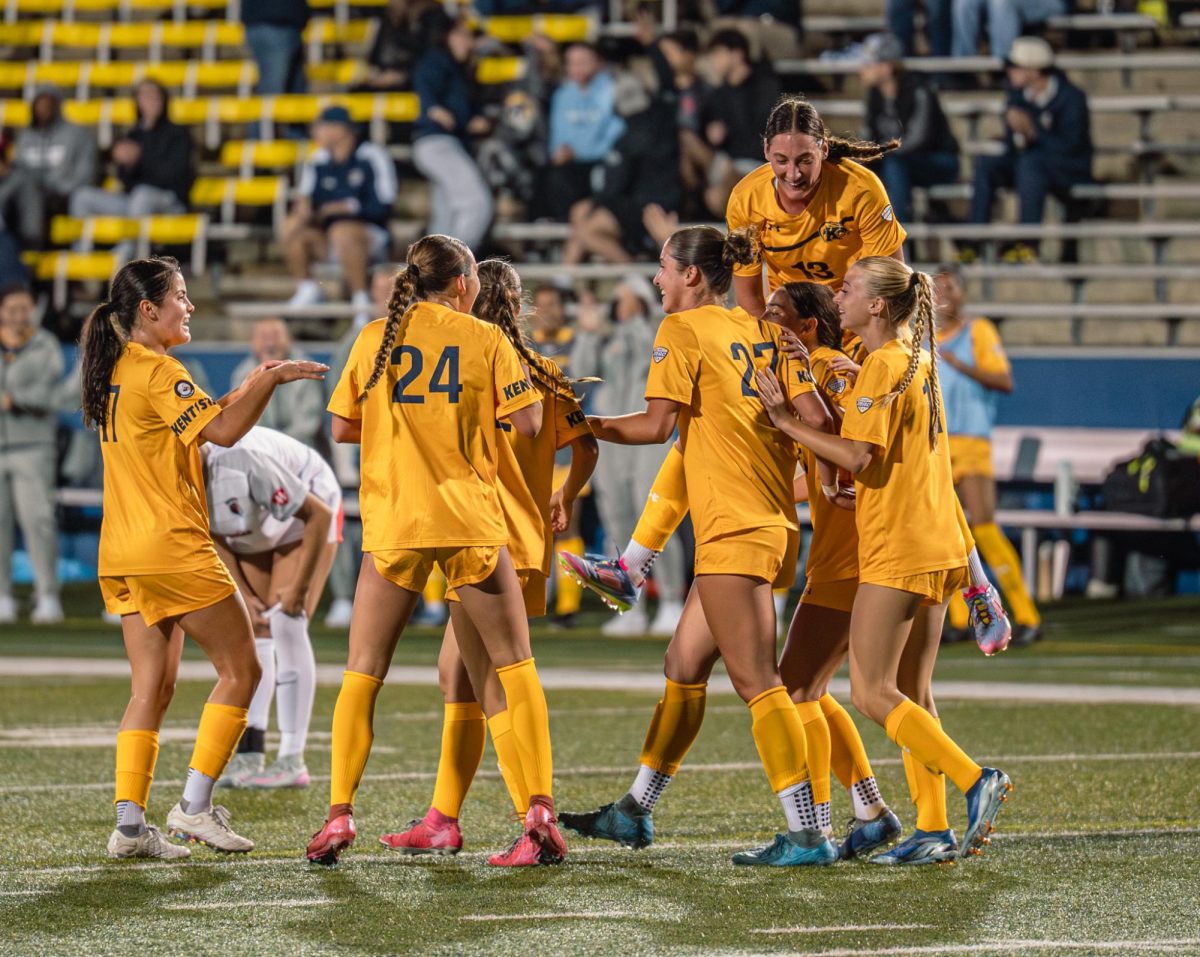 Kent State women's soccer team celebrates goal made by freshman Isabelle Leofanti and assist by freshman Maya Justice in the second half of their game against YSU on Aug 28, 2025. This made the score five to one with Kent in the lead against YSU.