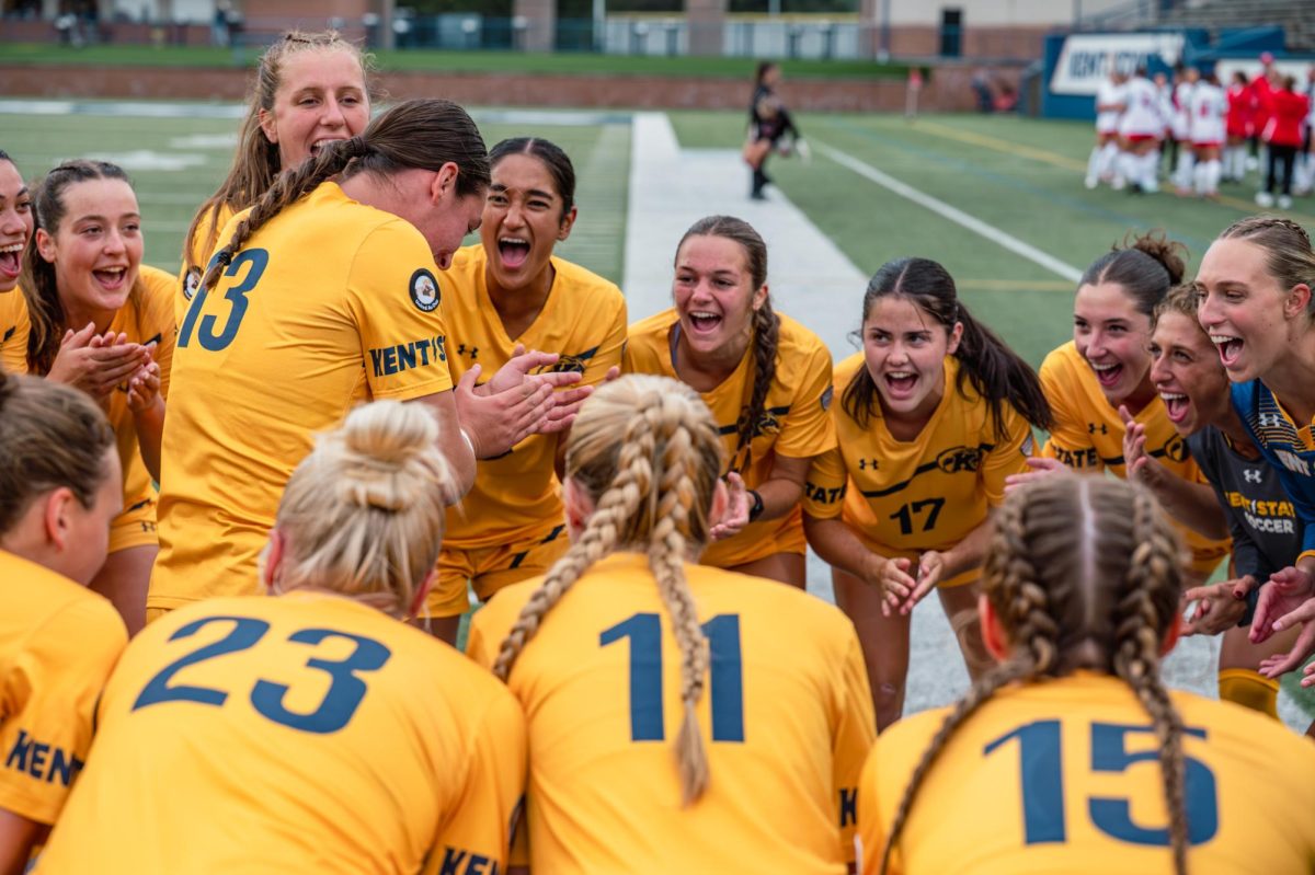 Kent State soccer team cheers together before the start of their game against YSU on Thursday Aug, 28, 2025. They would go on to win the game five to one.