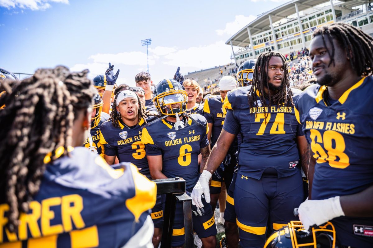 Kent State Football team celebrates their win against Merrimack on Aug. 30, 2025. They won with a score of twenty one to seventeen. 
