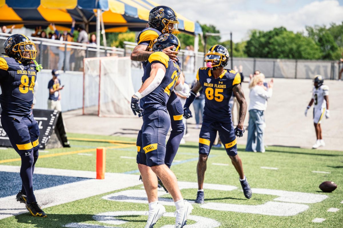 Kents football team celebrates touchdown against Merrimack on Aug. 30, 2025. 