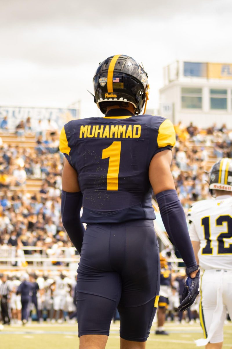 Defensive back, A’tiq Muhammad, 1, walks into the field after half time of the home opener on Saturday, Aug. 12, 2025.