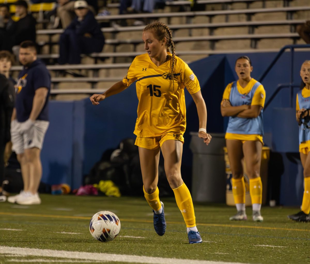 Kent freshman forward, Ciara Santiago, 15 dribbles the ball during the second half of the game against Youngstown State on Thursday, August 28th, 2025.