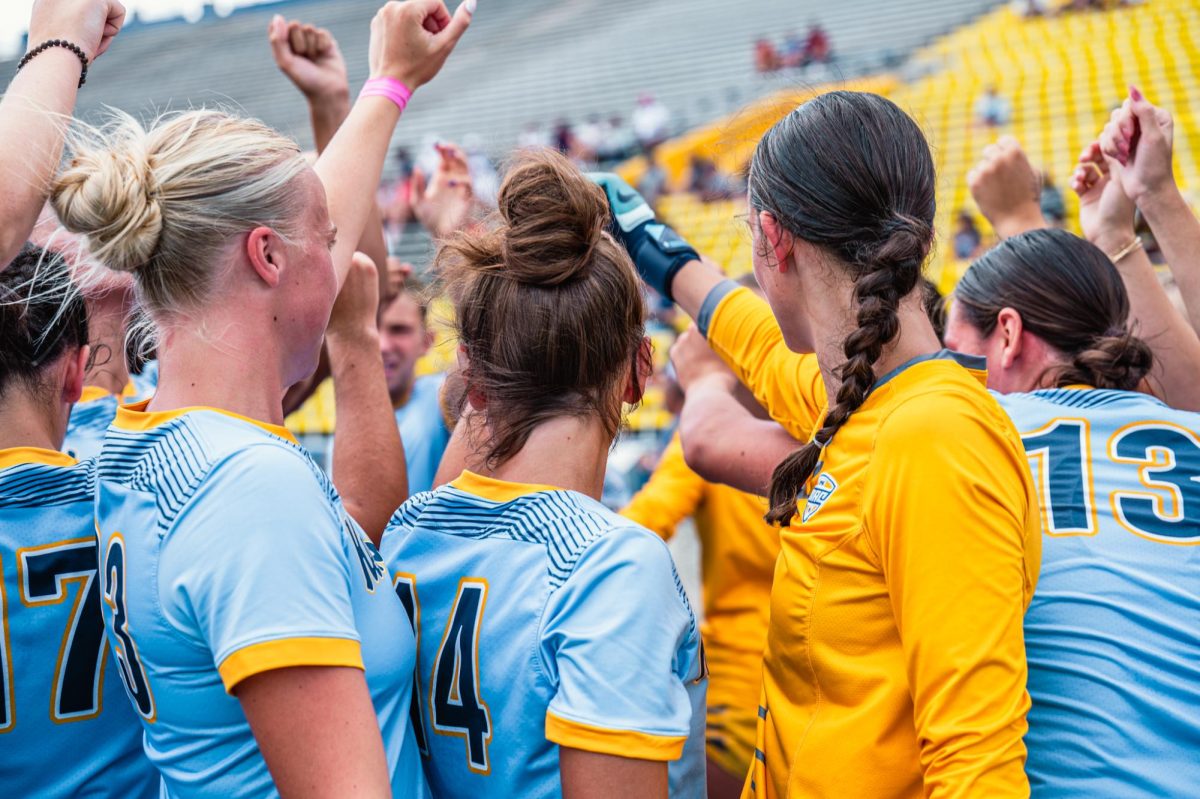 Kent State soccer team huddles up before their game against Duquesne on Aug 17, 2025. 
