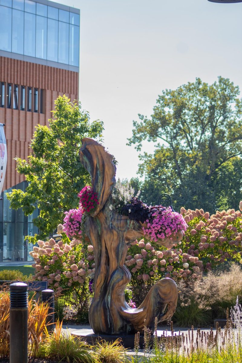 Maj Ragain Poetry Park sits just to the left of the Wick Poetry Center, located in the Gaston Prentice House. The park was dedicated in 2023 to professor Maj Ragain and features a 12-foot bronze sculpture designed by Robert Wick, along with various poems scattered throughout the pathways. 