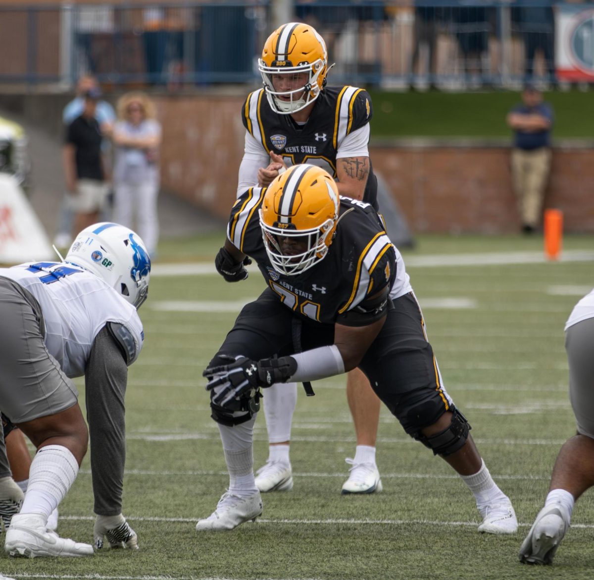 Kent redshirt senior, Matt Pajuste gets ready to block Buffalo defensive tackle, Devin Morgan during the third quarter of their game on Saturday, Sept 13, 2025. Matt Pajuste use to play for University Buffalo. 