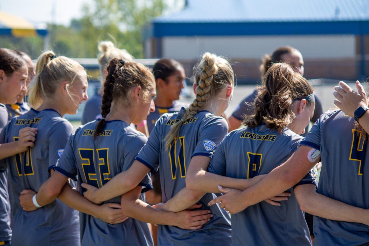Kent State women's soccer team huddles before game against Buffalo on Sunday, Sept. 28, 2025.