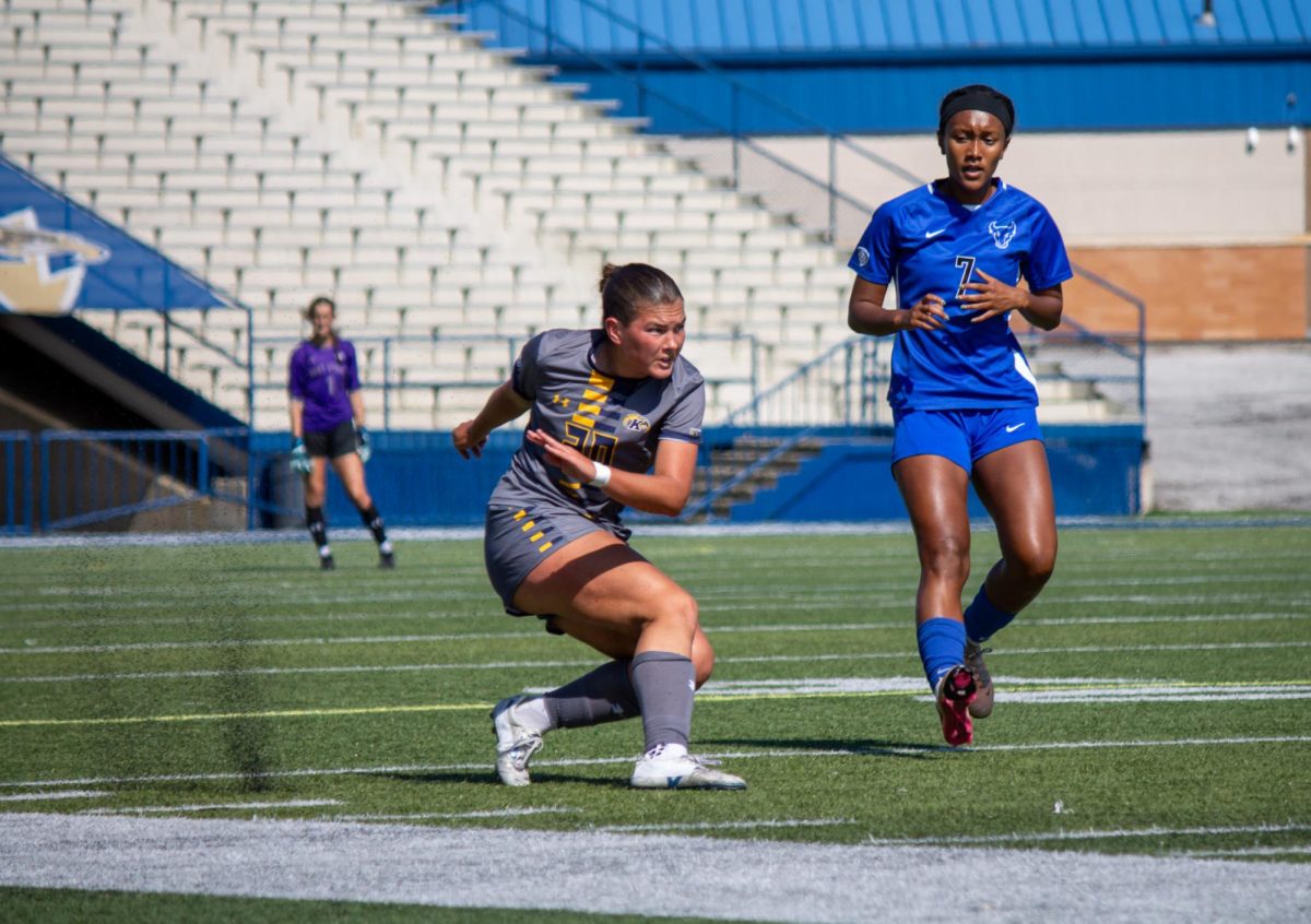 Kent Sophomore Ali Weibel follows through after a pass during the first half of the game against Buffalo on Sunday, Sept. 28, 2025.