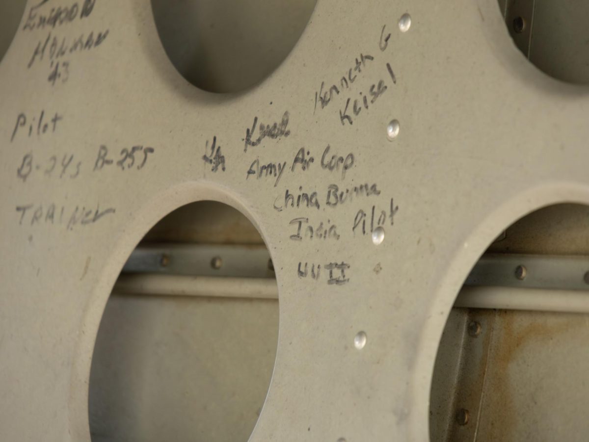 The names of various pilots who have flown the B-25 bomber "Champaign Gal" is displayed at the annual Kent State Engineering & Aeronautical Expo on Sept. 6, 2025.