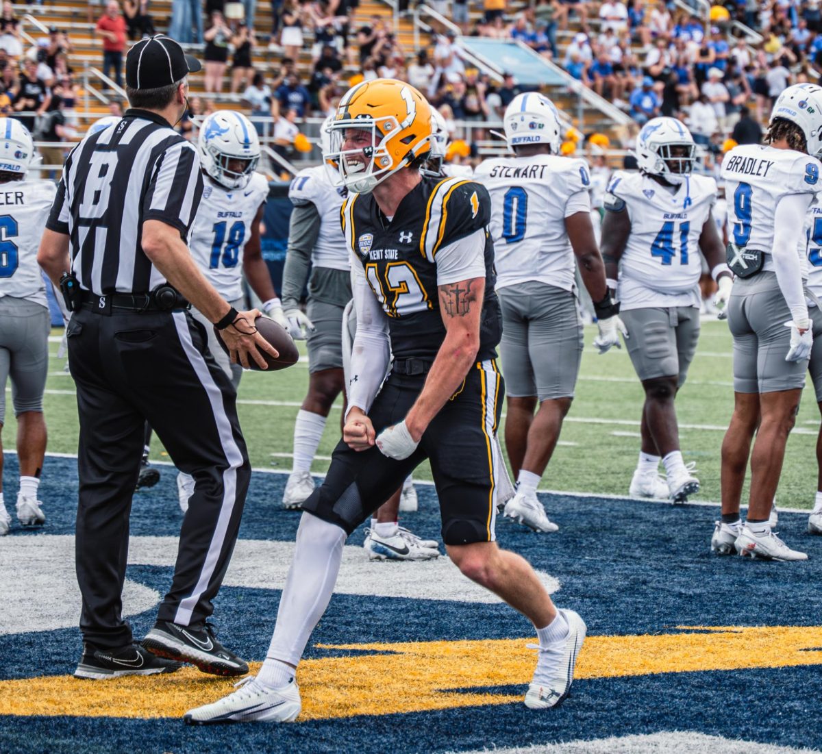 Kent redshirt freshman Dru DeShields celebrates three yard touchdown in the fourth quarter against Buffalo on Sept. 13, 2025. This made the score 24-28 with Kent falling back into the lead with 14:53 left on the clock.