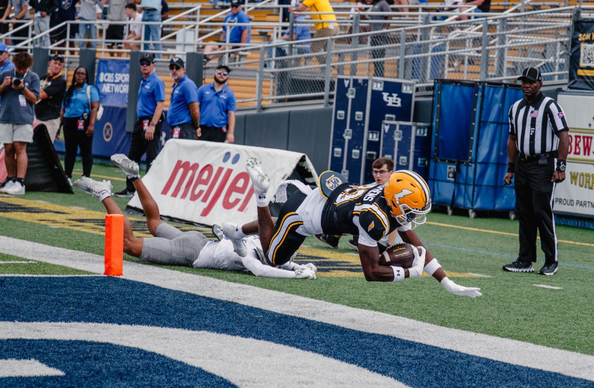 Kent freshman Maurice Stephens scores a 31 yard touchdown in the first quarter against Buffalo on Sept. 13, 2025. This put the score 0-7 with Kent in the lead.