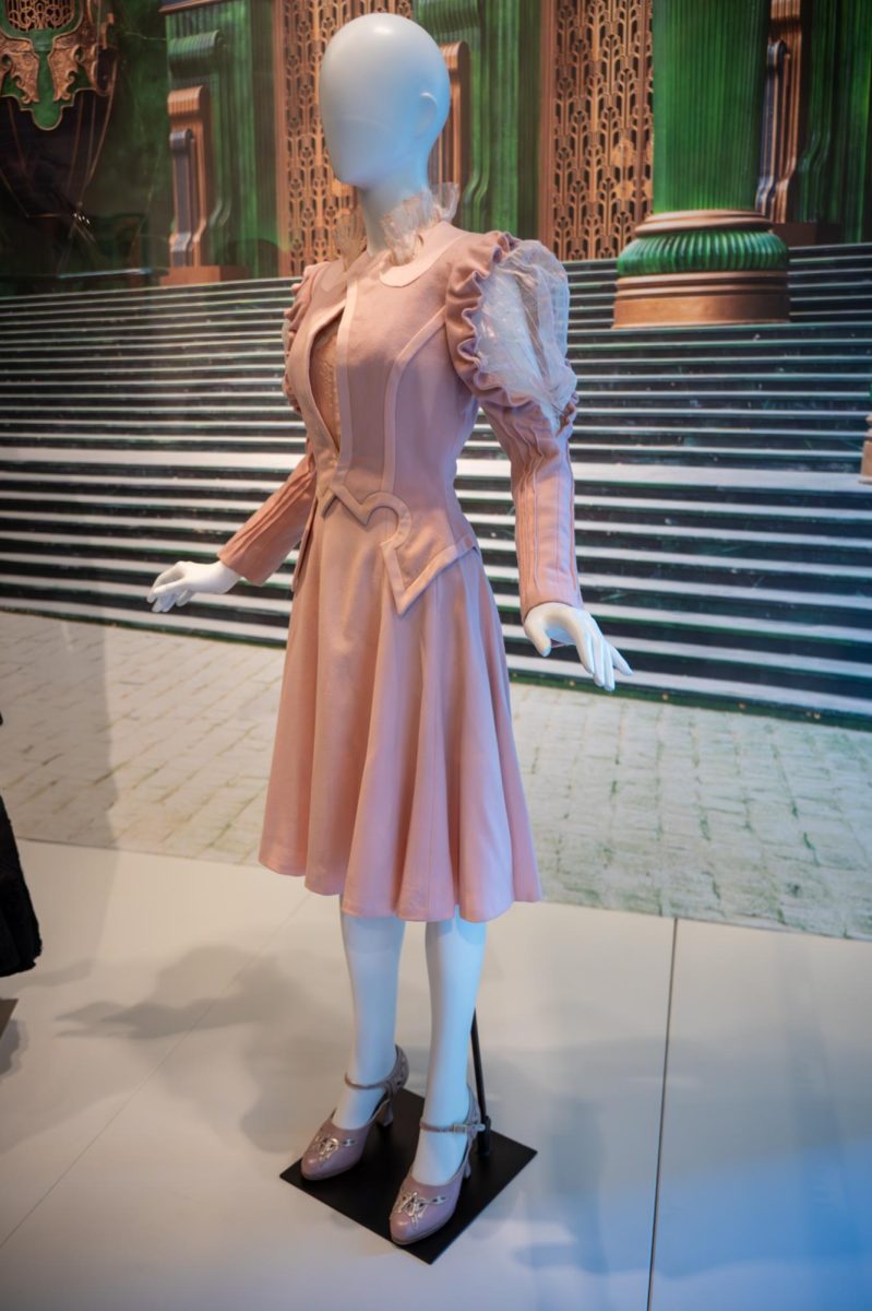 The outfit designed for Wicked's own Glinda sits in the display case located in the Kent museum on Sept. 18, 2025.