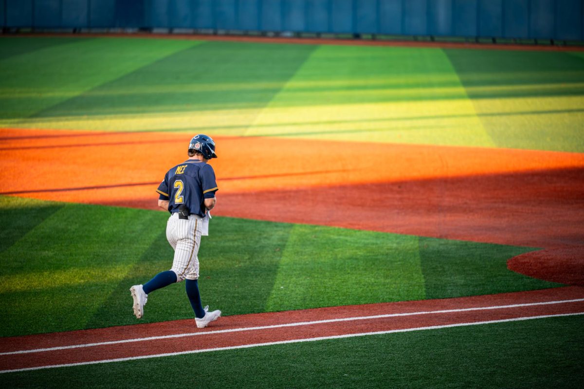 Kent senior Grady Mee runs to first base in the bottom of the third against Malone on Sept. 26, 2025.