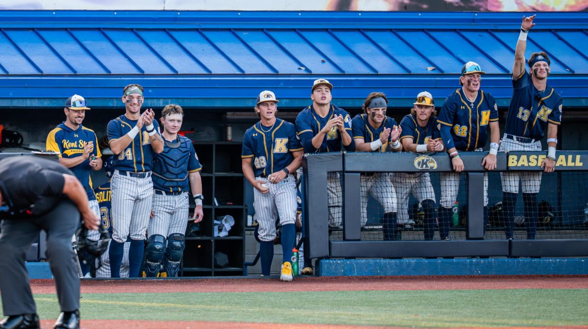 Kent state baseball team celebrates a play against Malone on Sept. 26, 2025. 