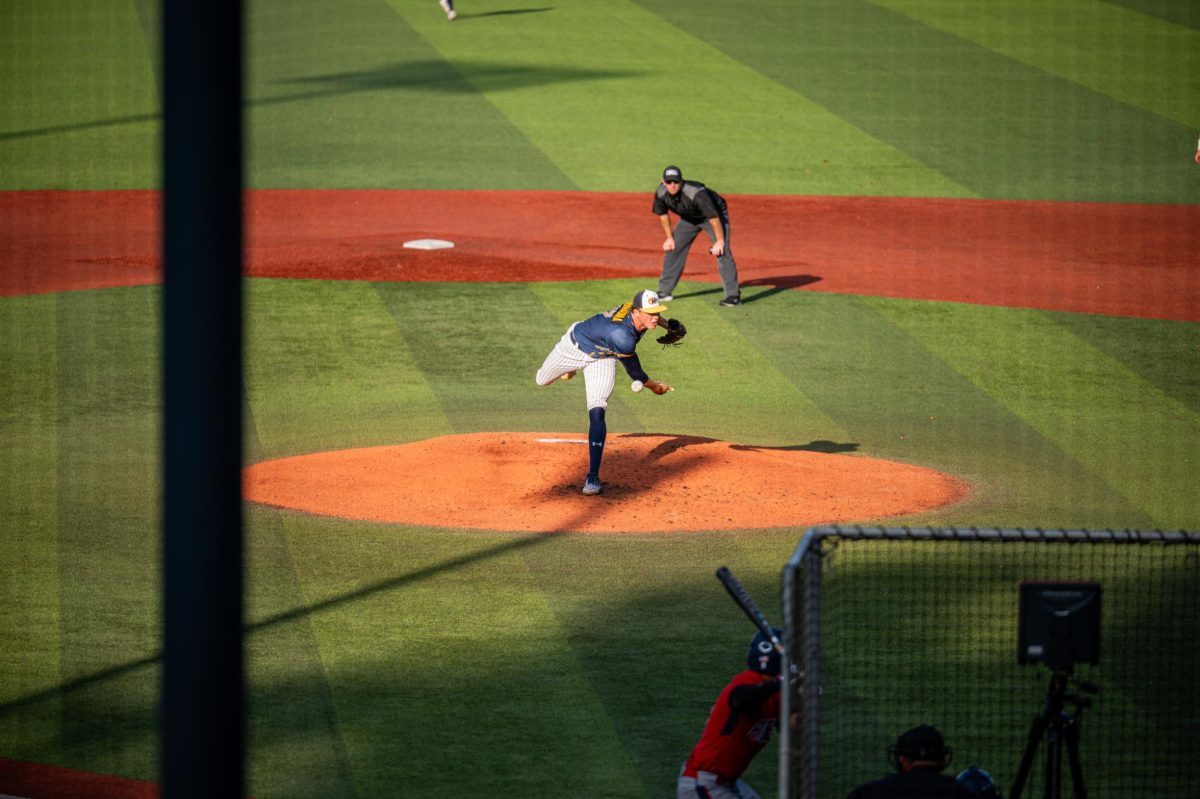 Kent redshirt senior Rocco Bernadina pitches to home plate in the top of the second against Malone on Sept. 26, 2025.