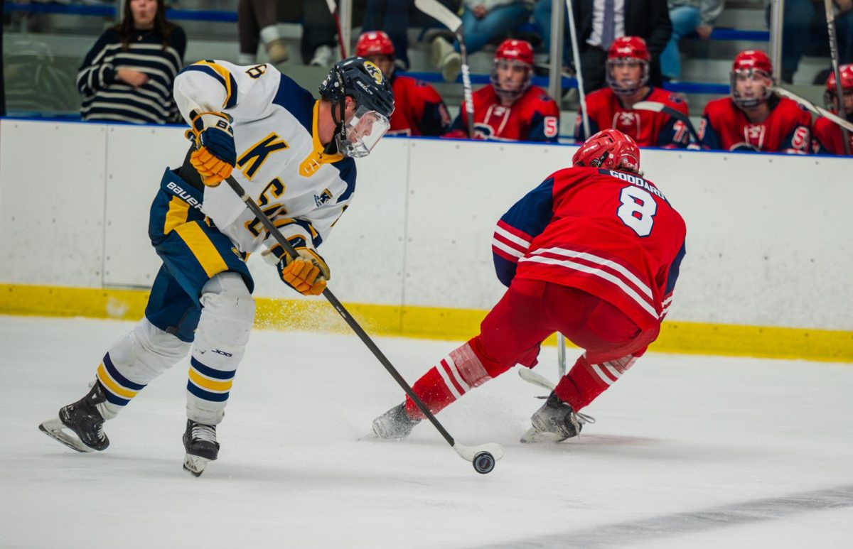 Kent sophomore Cole Bianchin makes his way towards the goal while Cleary sophomore Brayden Goddard atempts to guard him in the third period on Sept. 26, 2025.