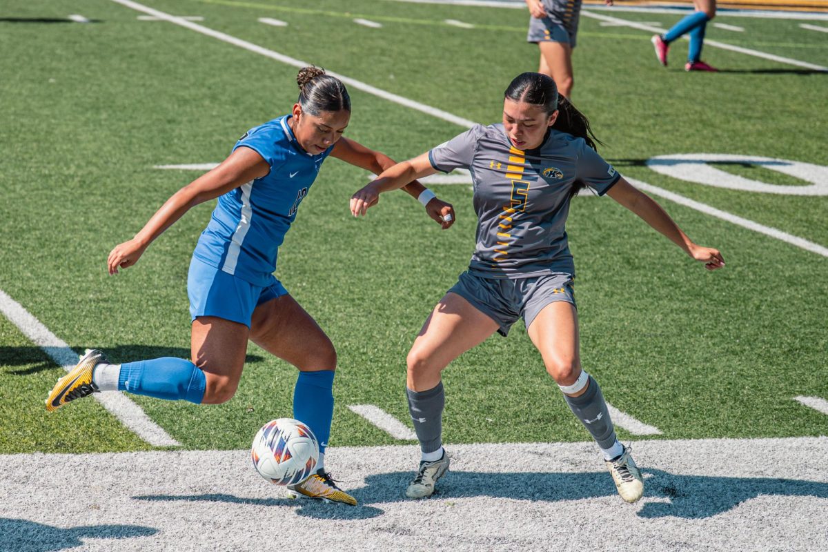 Kent sophomore Katie Henahan tries to steal from Buffalo senior Ashley Reyes in the first half of the game on Sunday, Sept. 28, 2025.