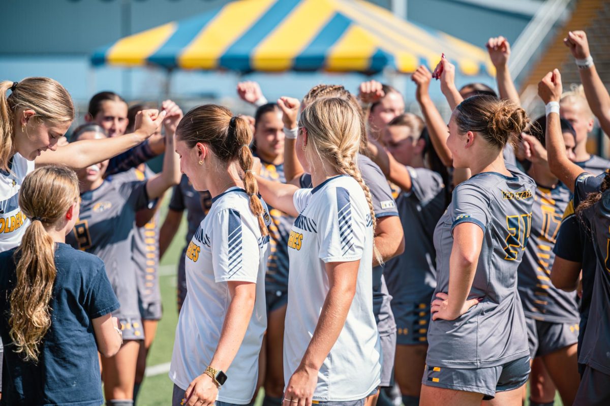 Kent state women's soccer team huddles up before their game against Buffalo on Sunday, Sept. 28, 2025. 