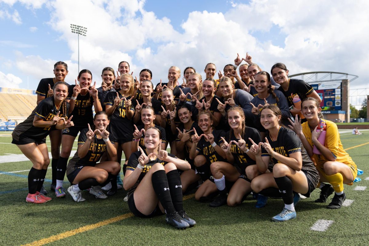 The Kent State women’s soccer team celebrates together after securing a hard-fought victory over UMass Thursday, Sept. 25, 2025.