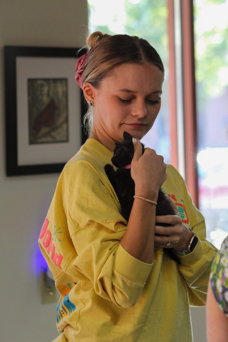 Colleen Smith holding a kitten up for adoption inside Evelyn Dickerson Hair Design during the “study buddy” cat adoption on Friday, Sept. 12, 2025.