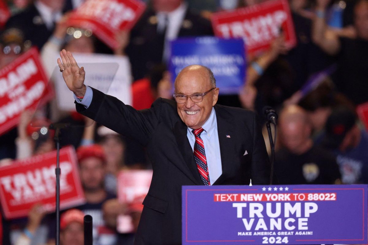Former mayor of New York City Rudy Giuliani takes the stage during a rally held by then-candidate Donald Trump, in Uniondale, New York, in September 2024.