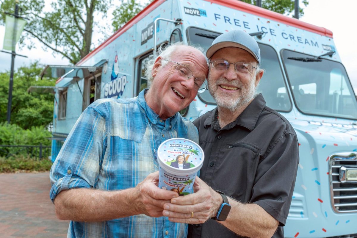 Ben Cohen (left) and Jerry Greenfield (right), co-founders of Ben & Jerry’s, hand out free ice cream at Franklin Square in Philadelphia on September 16, 2024 in Philadelphia, Pennsylvania.