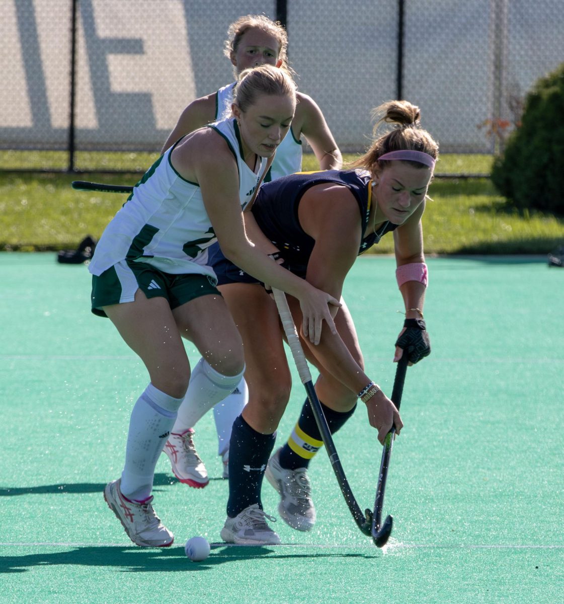 Kent senior forward, Emma Rolston, tries to get the ball from Ohio University freshman midfielder, Iona Roderick, during the third quarter of their game on Friday, Oct. 7, 2025.
