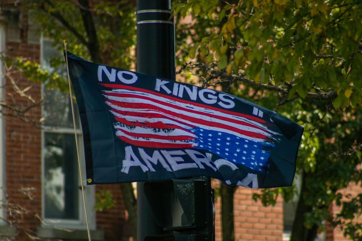 A "No Kings in America" flag waves in the air during the No Kings protest on Saturday, Oct. 18, 2025.