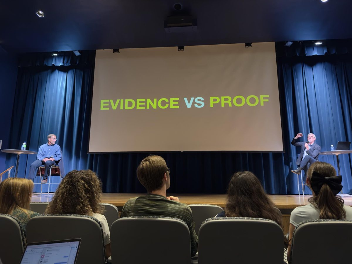 Eric Hedin (left) and Rice Broocks (right) give a seminar on the existence of God in the KIVA on Oct. 14, 2025.