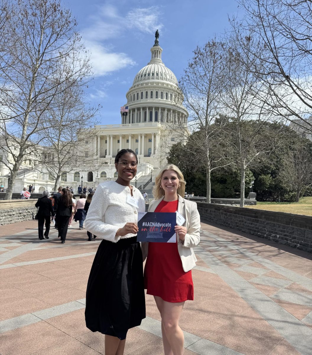 While attending the American Association of Colleges of Nursing's Student Policy Summit in Washington, D.C., senior nursing majors Trinity Rudolph and Katie Murray pose in front of the capitol.