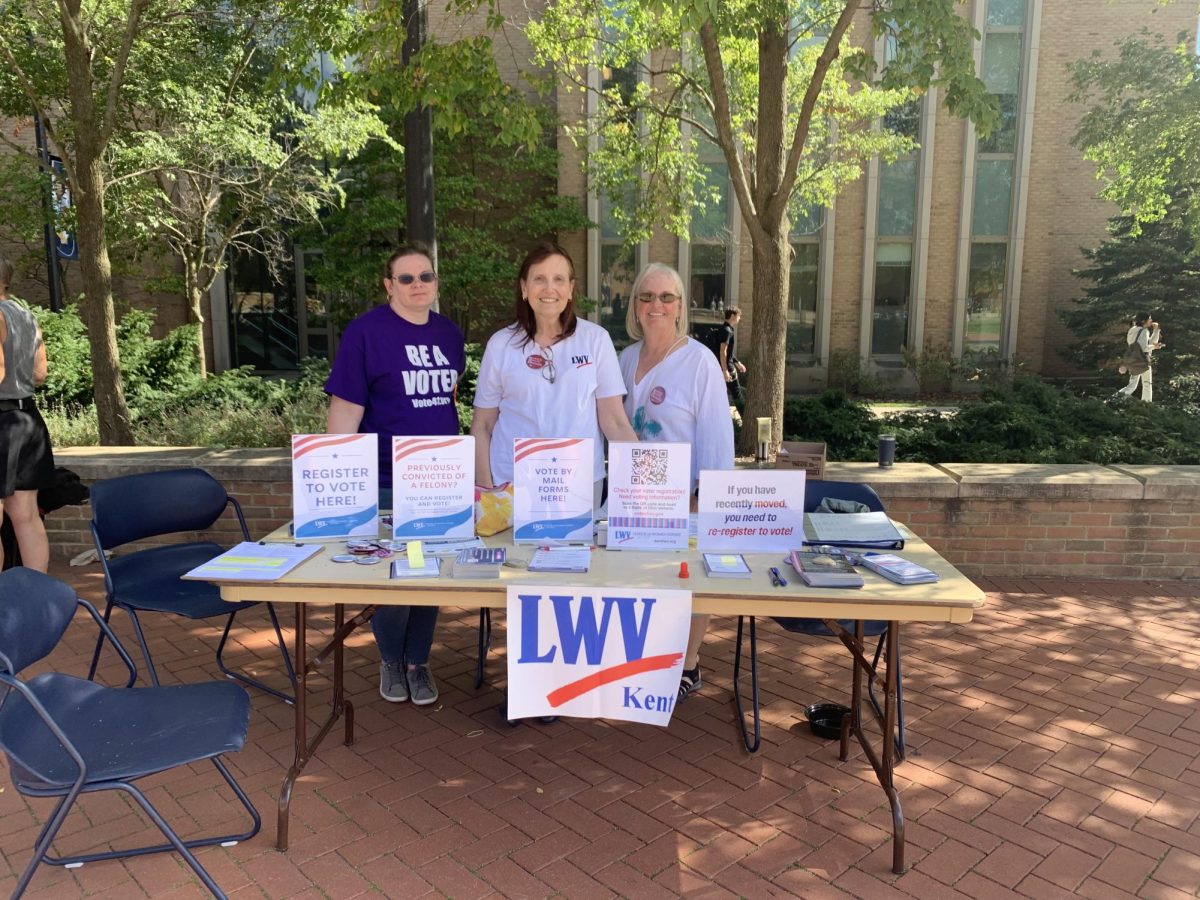 Sara Ashley-Cook and other members of the League of Women Voters of Kent attended Democracy Day to help educate students on how to take part in civic engagement.