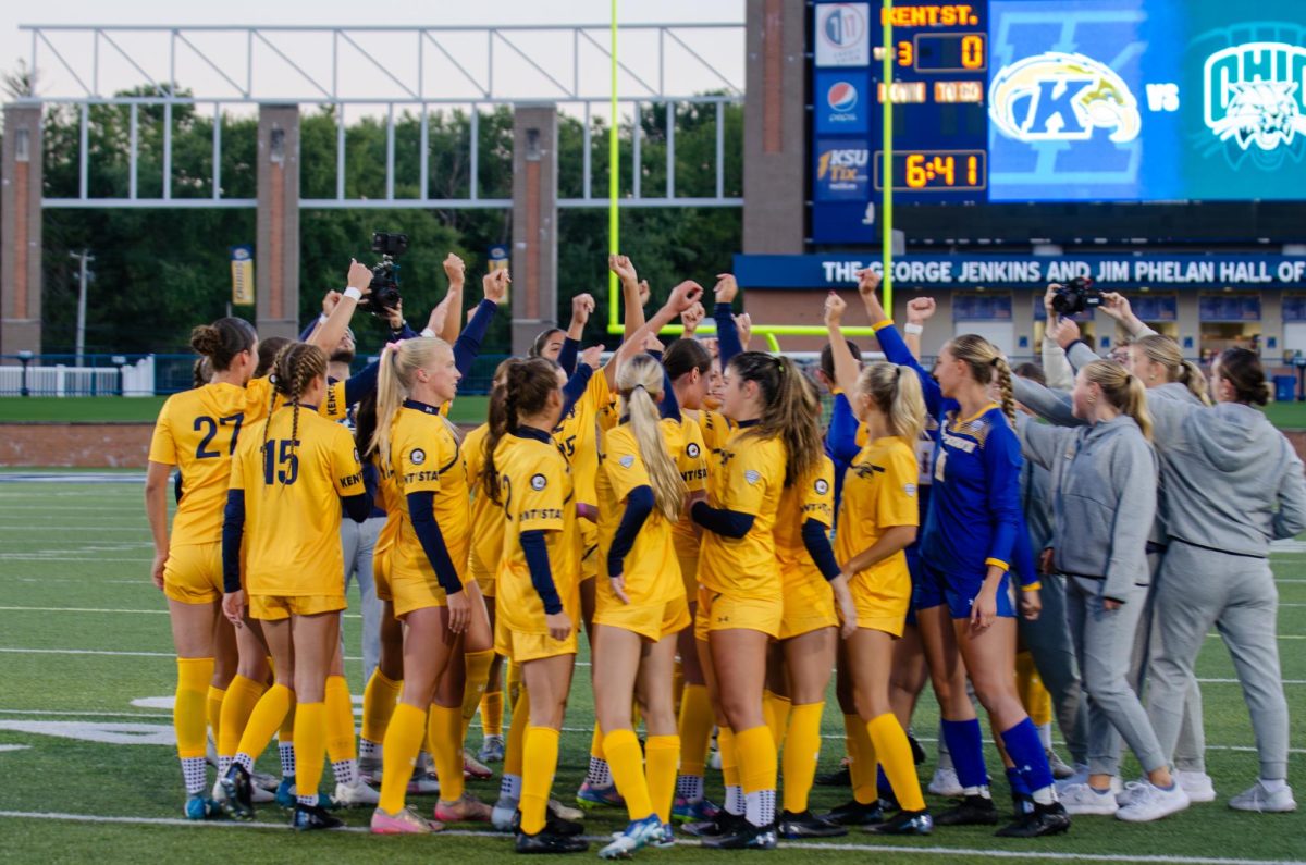 Kent players chant before the game against Ohio on Thursday, Oct. 9, 2025