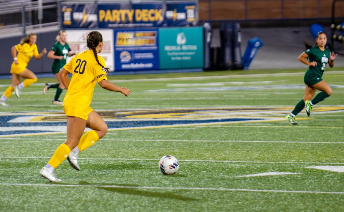 Kent sophomore Ali Weibel dribbles into open space during the game against Ohio in the first half of the game on Thursday, Oct. 9, 2025