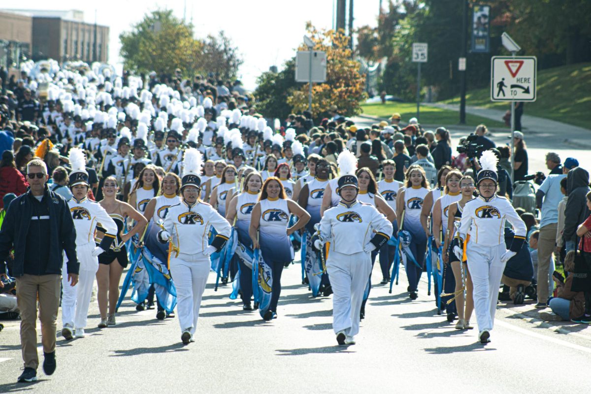 Kent States 2025 Marching Band and Flag Team stride in the Homecoming Parade 10/11/2025 