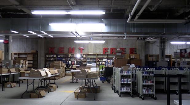 Tables of books fill the lower level of the free library in Kent.