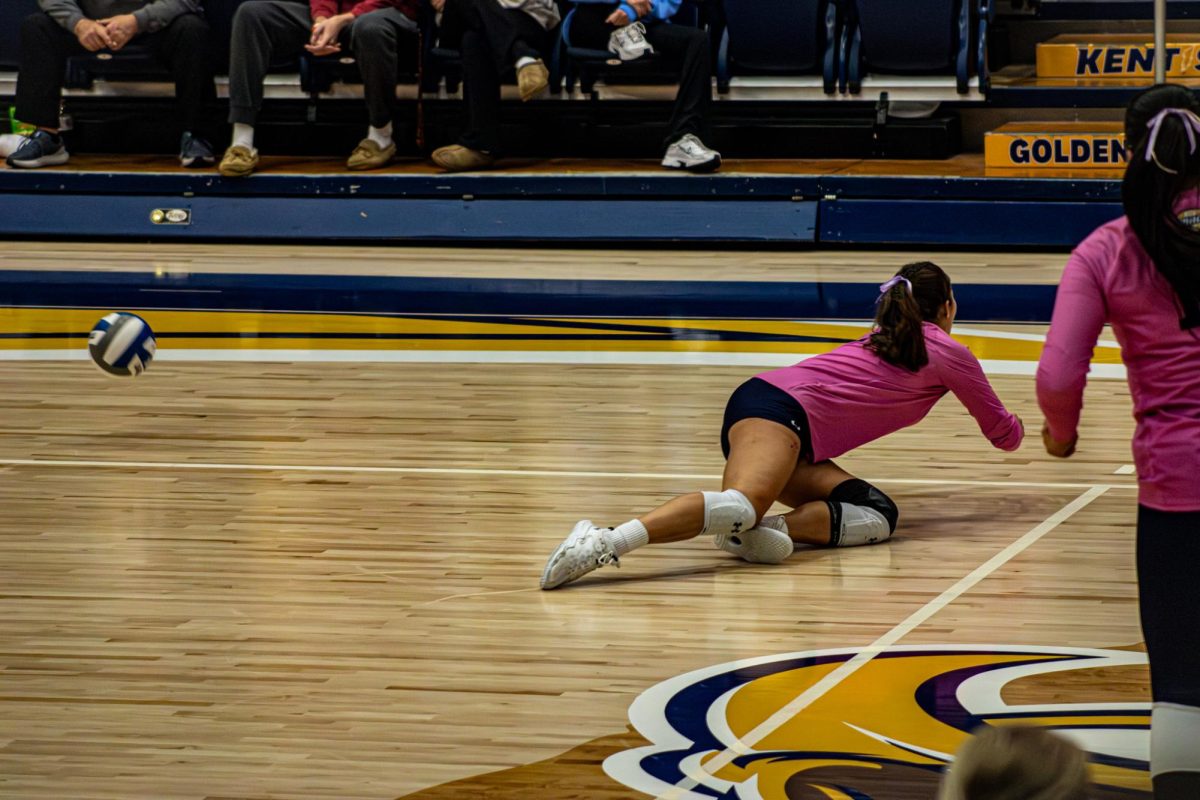 Number 1, Greta Bolognini goes for a dive to save the ball in game against Central Michigan Chippewas Oct. 24, 2025