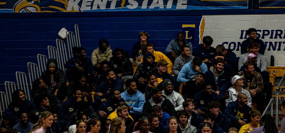 Kents football team gathers to support Womans volleyball and breast cancer awareness at their game against Central Michigan Chippewas. Oct. 24 ,2025