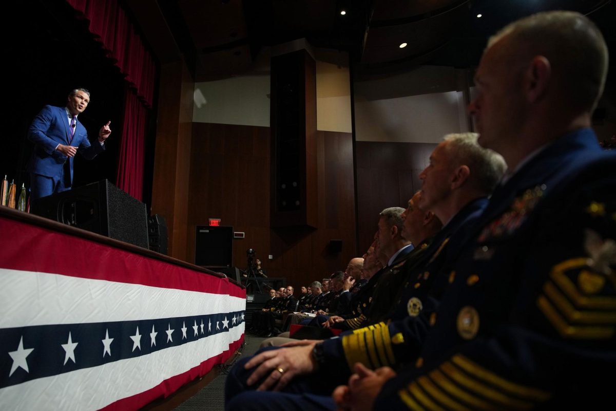 Secretary of Defense Pete Hegseth speaks to senior military leaders at Marine Corps Base Quantico on September 30.
