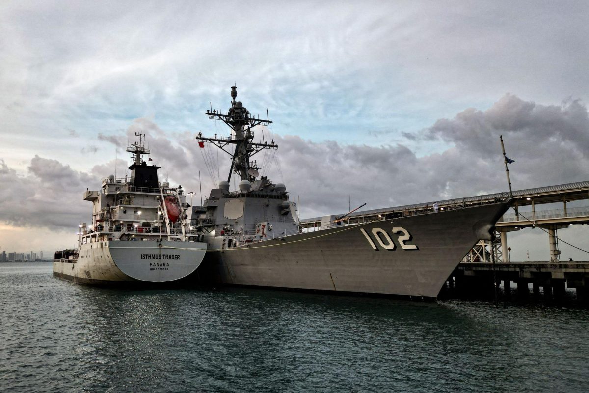 The US Navy warship USS Sampson docks in Panama City on August 30, 2025, amid a broader US naval presence in Latin American and Caribbean waters.