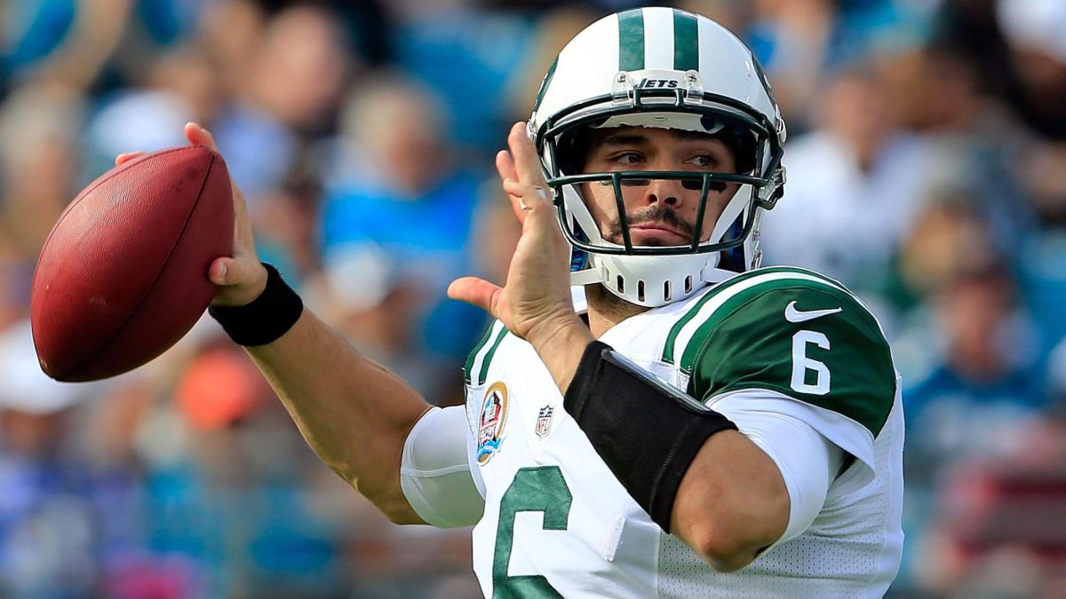 New York Jets quarterback Mark Sanchez attempts a pass during the game against the Jacksonville Jaguars at EverBank Field in 2021 in Jacksonville, Florida.