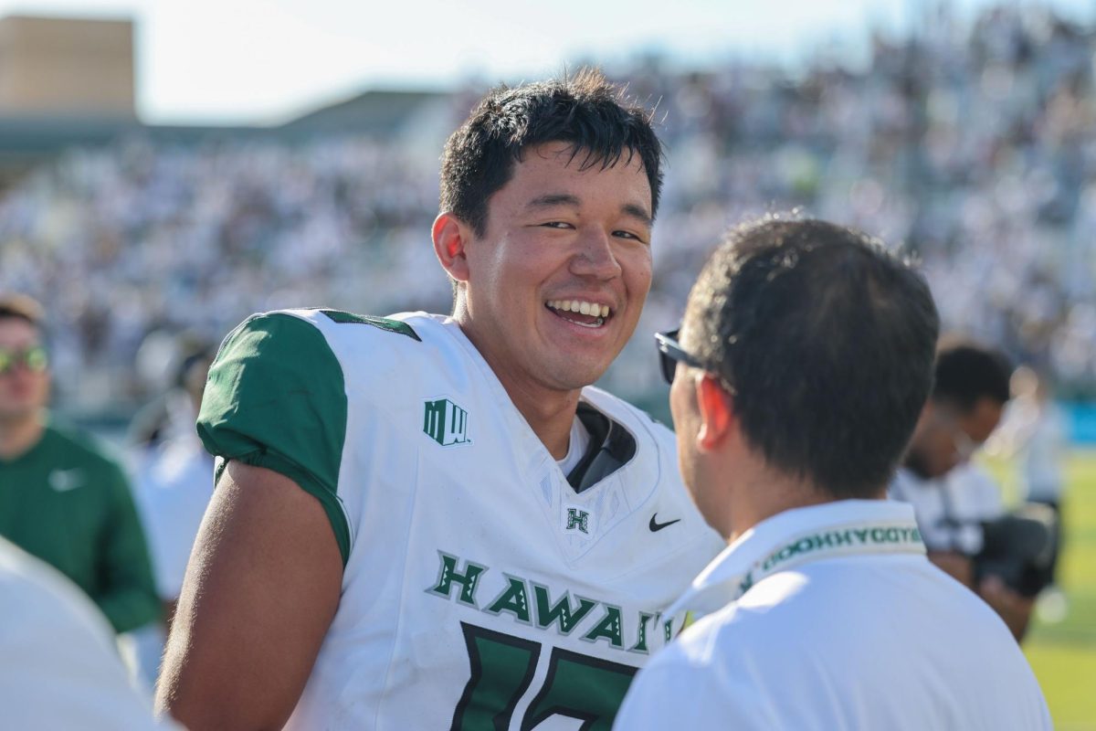 Hawaii Rainbow Warriors placekicker Kansei Matsuzawa (17) reacts after making the winning field goal over the Stanford Cardinal during the second half at Clarence T.C. Ching Athletics Complex on August 25.