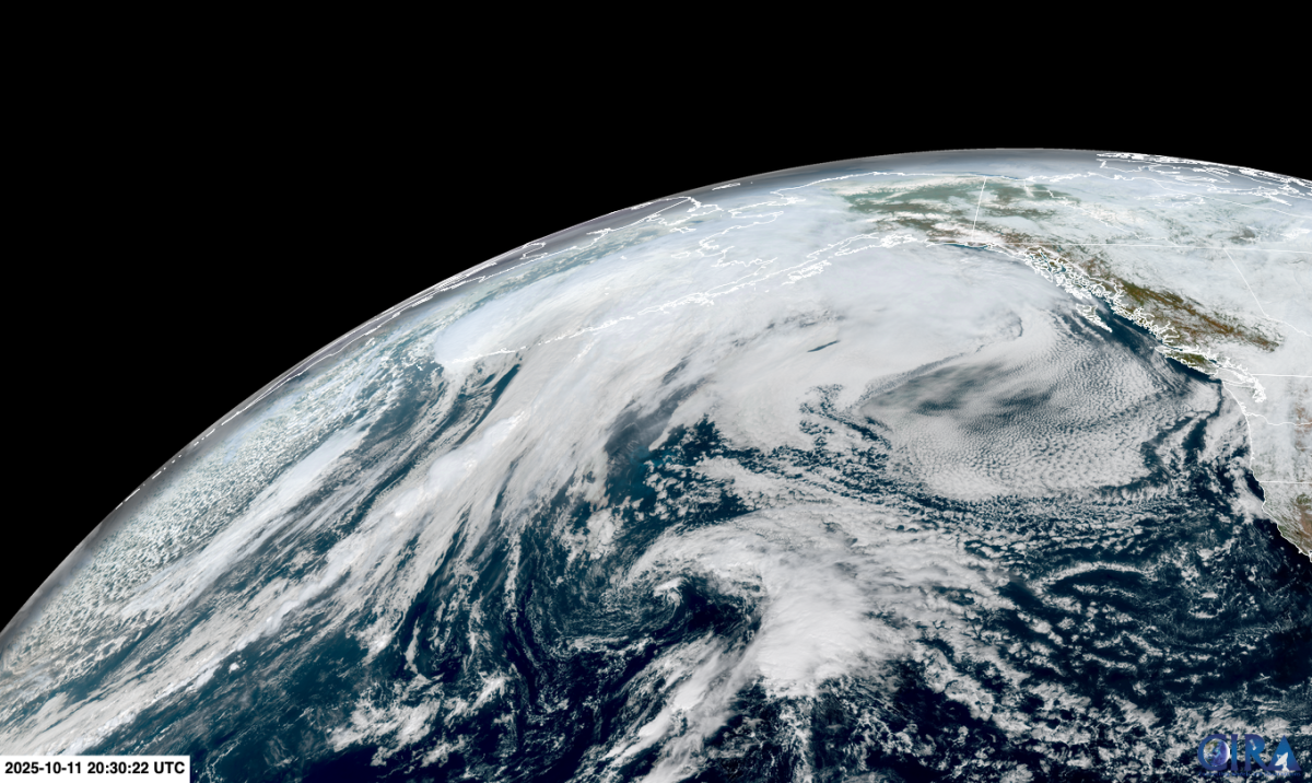 Satellite imagery captures a powerful storm slamming into western Alaska.