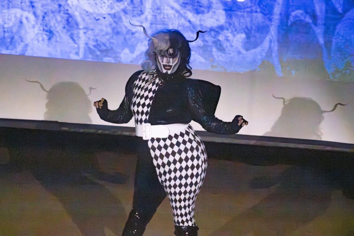 Queen Comatose gives black-and-white baddie in her performance during Kent State's Sex week Drag Show. Nov. 19, 2025