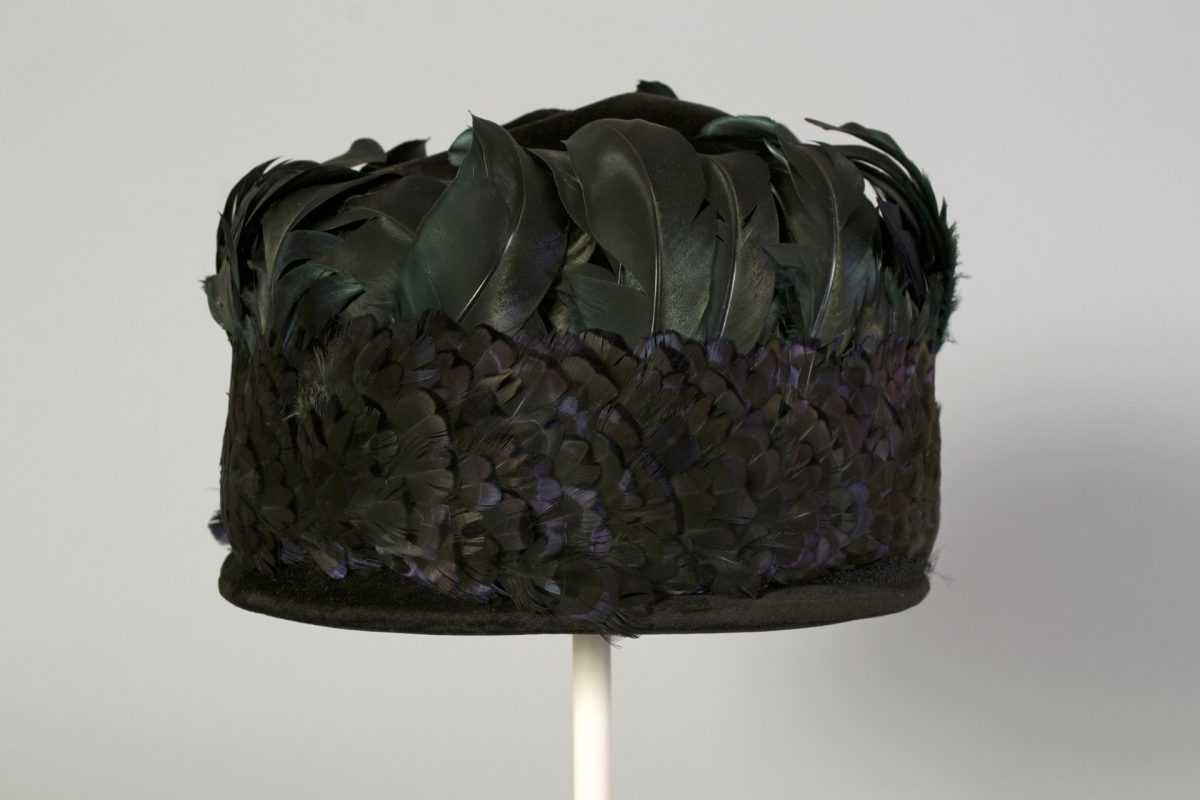This coque and dyed pheasant feather hat will be a part of the "For the Birds" exhibit.