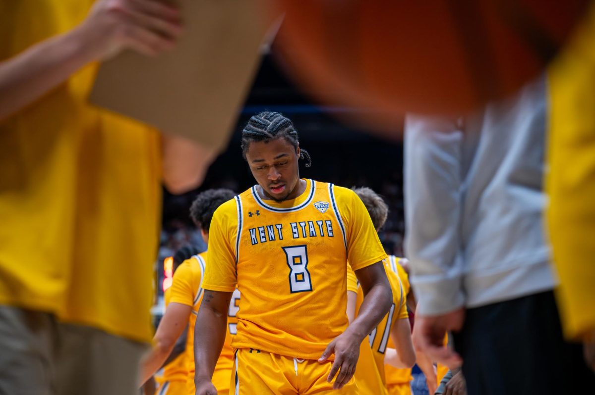 Kent graduate student Morgan Safford walks to chairs during a media timeout in their game against Akron on Jan. 30, 2026.