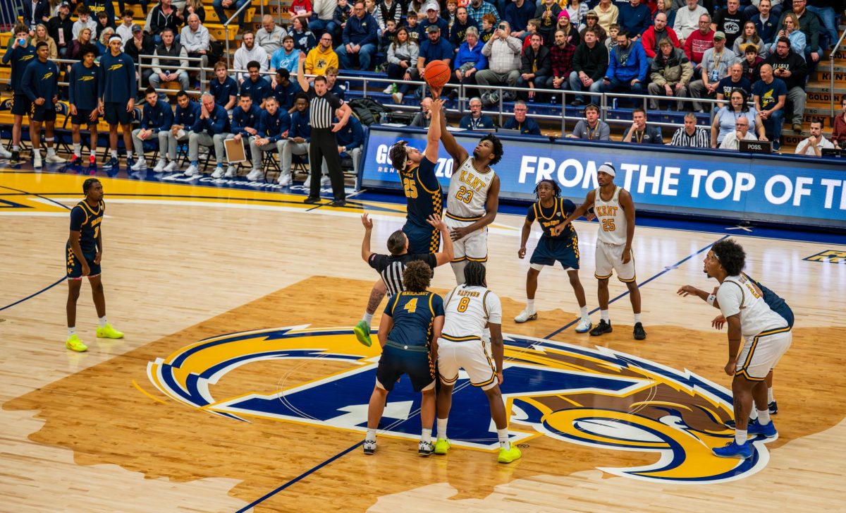 Kent senior Delrecco Gillespie and Toledo junior Austin Parks jump for tip-off on Jan. 16, 2026.