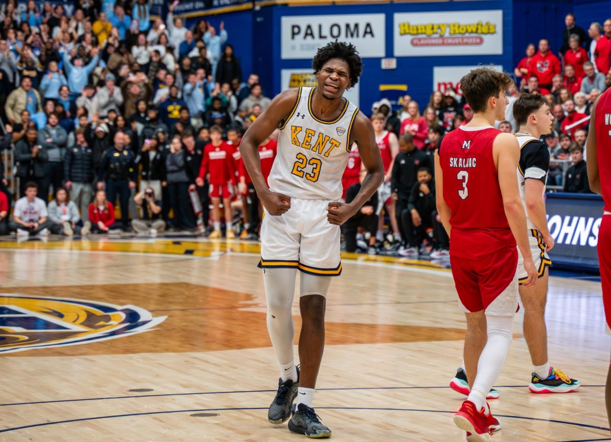 Kent senior Delrecco Gillespie screams in order to get the crowd amped up in their game against the Miami RedHawks on Jan. 20, 2026.