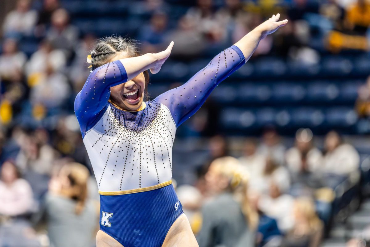Kent junior Dani Fuertez competes on the floor at the West Virginia meet on Friday Jan. 30, 2026.