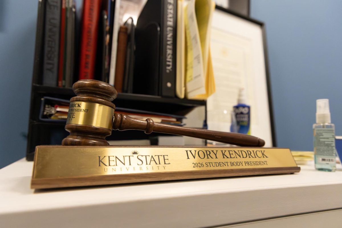 Undergraduate Student Government President Ivory Kendrick's gavel name plaque sits on top of his file cabinet in his office on Feb. 4, 2026.