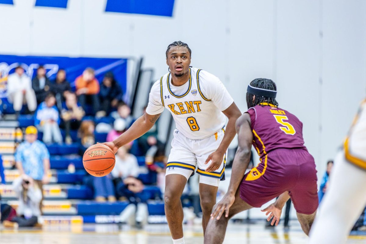 Kent graduate student Morgan Safford surveys his options during the men's basketball game against Central Michigan University on Feb. 24, 2026.