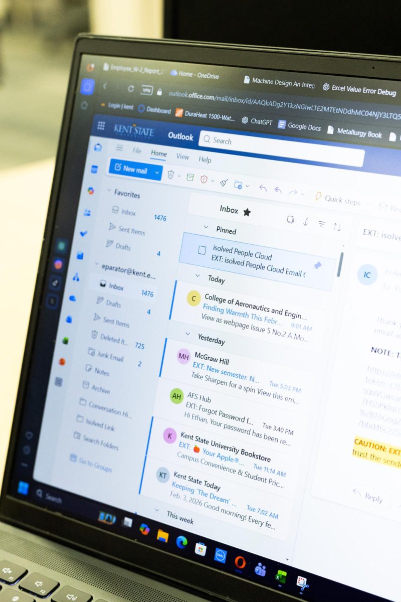 Kent Mechanical Engineering major Ethan Paratore emails overflow his inbox on his computer, Feb. 4, 2026.